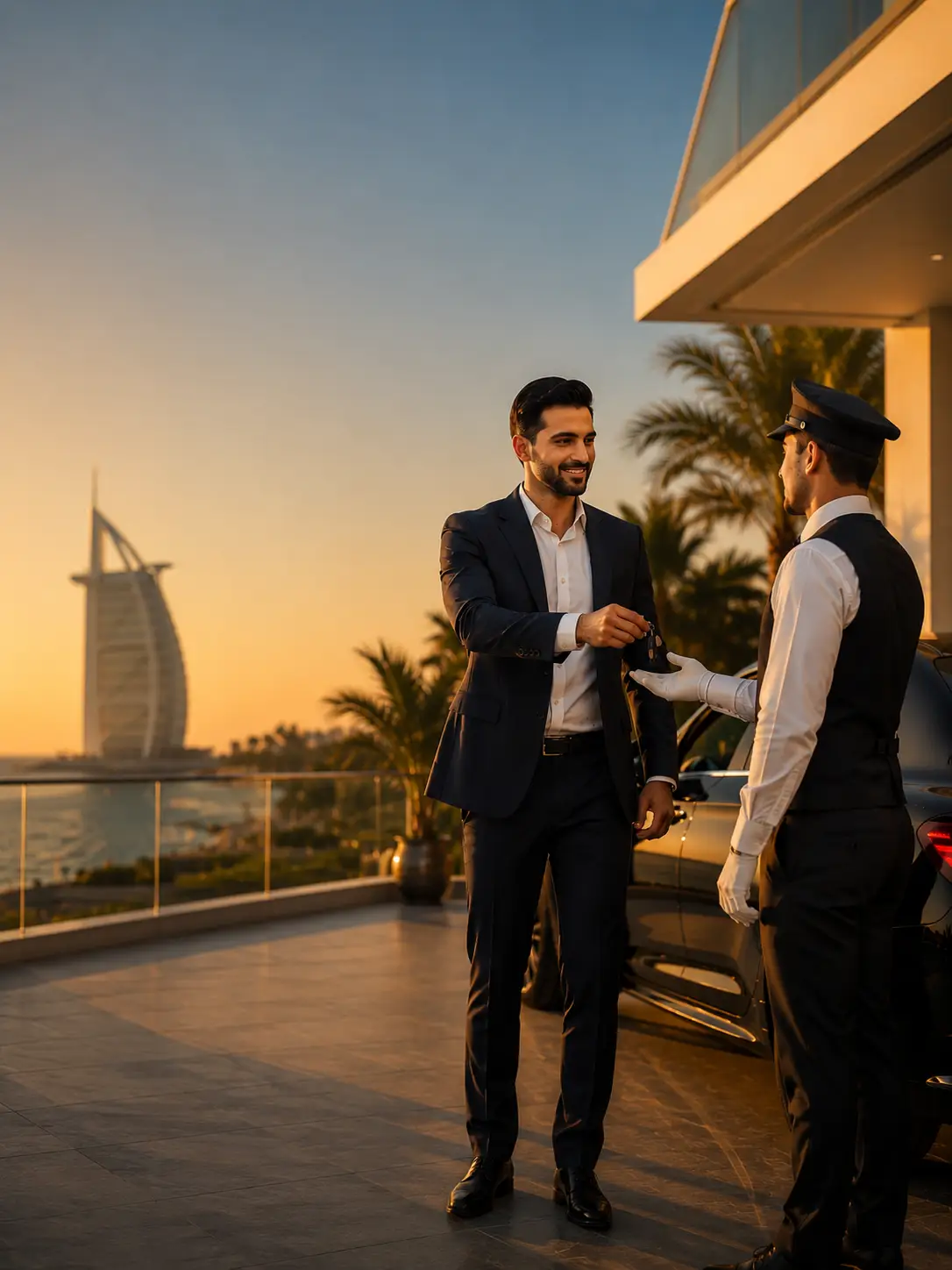 A relaxed professional handing car keys to a uniformed driver on a beachfront terrace at golden hour, the Burj Al Arab visible across the water