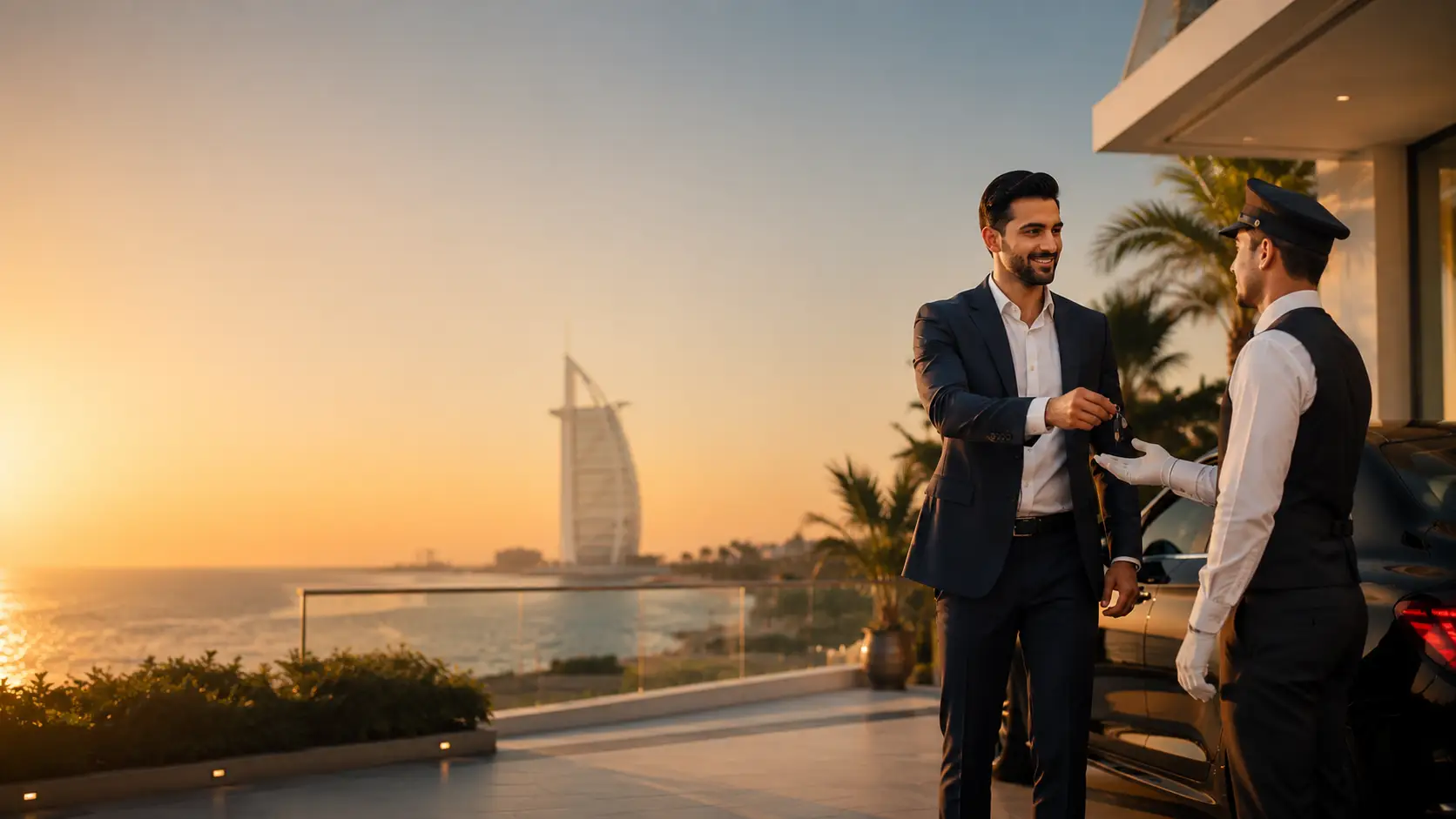 A relaxed professional handing car keys to a uniformed driver on a beachfront terrace at golden hour, the Burj Al Arab visible across the water