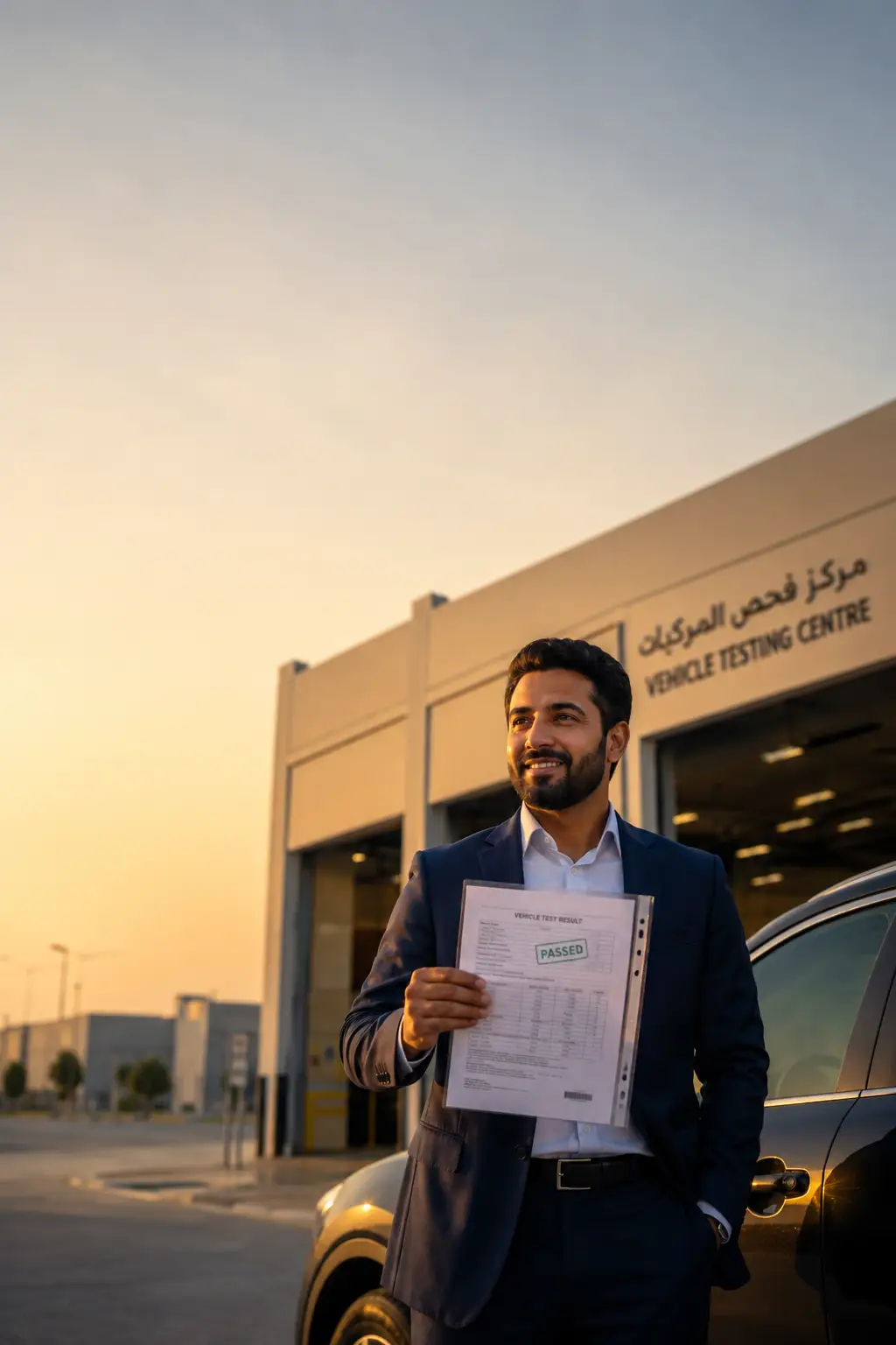 A businessman smiling with relief while holding a passed vehicle inspection certificate outside a testing centre in the UAE at golden hour